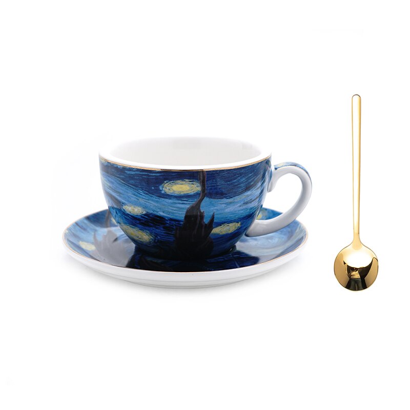 90/220/300/400ML Latte Cappuccino Espresso Mugs Coffe Mugs Set with Spoon Saucer Milk Cup Mug Van Gogh Oil Painting Style Cups