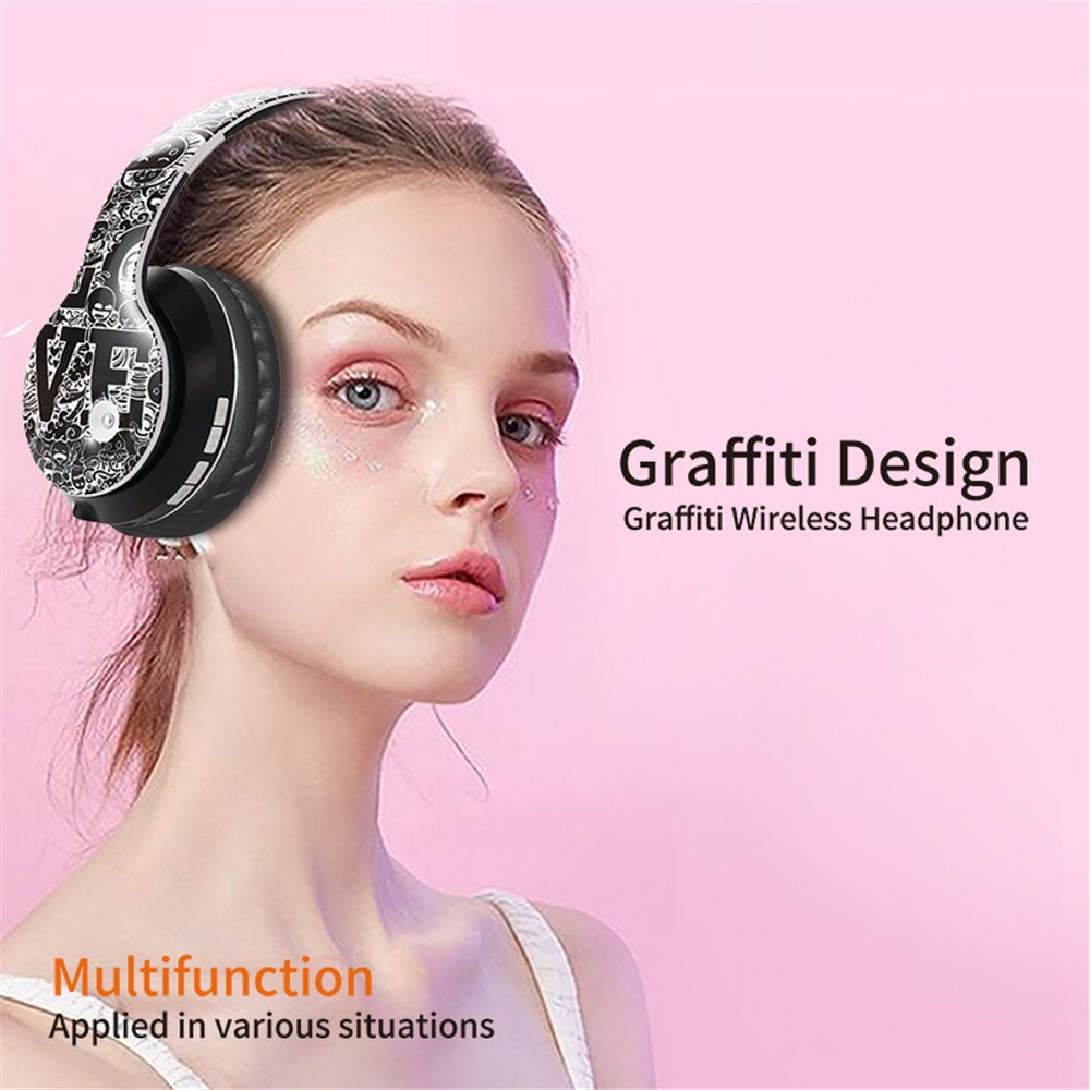 Wireless Bluetooth 5.0 Headphones Over Ear Headest Graffiti Foldable Headphone with Mic Hi-Fi Stereo For phone pc laptop