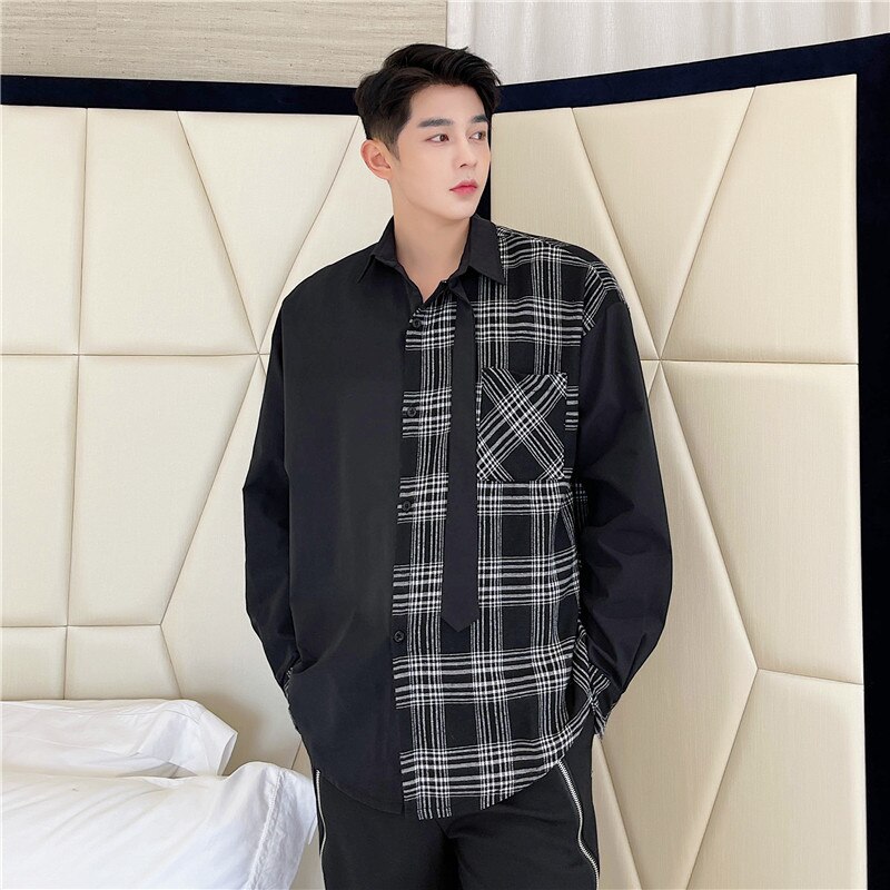 Men Tie Plaid Splice Loose Casual Long Sleeve Shirt Man Streetwear Vintage Dress Shirts Male