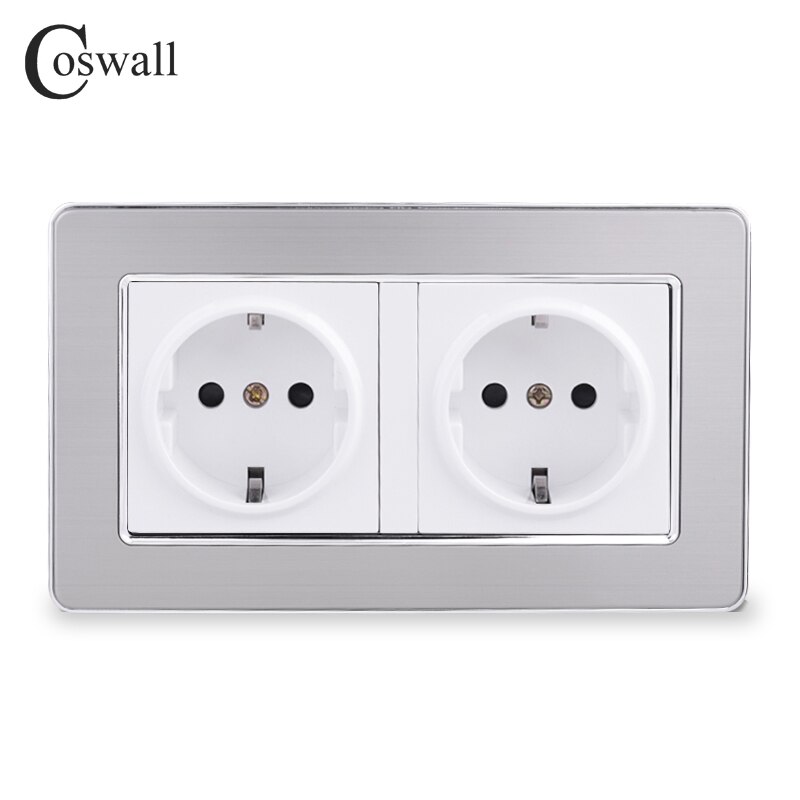 COSWALL 16A Double EU Standard Wall Socket Luxury Power Outlet Grounded Stainless Steel Panel With Children Protective Door: White