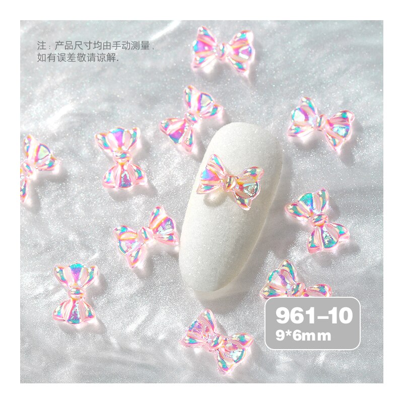 10Pcs Holografische Aurora Strikjes Nail Art Decoraties 3D Crystal Ab Kleurrijke Boog Ornamenten Japanse Diy Manicure Accessoires