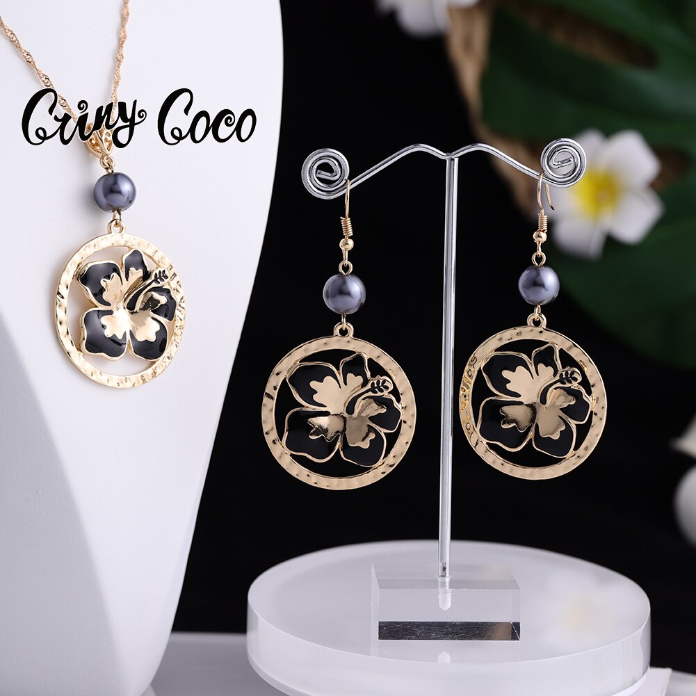 Cring Coco Mode Hibiscus Bloemen Sieraden Set Vrouwen Hawaiian Polynesische Vergulde Ketting Oorbellen Set