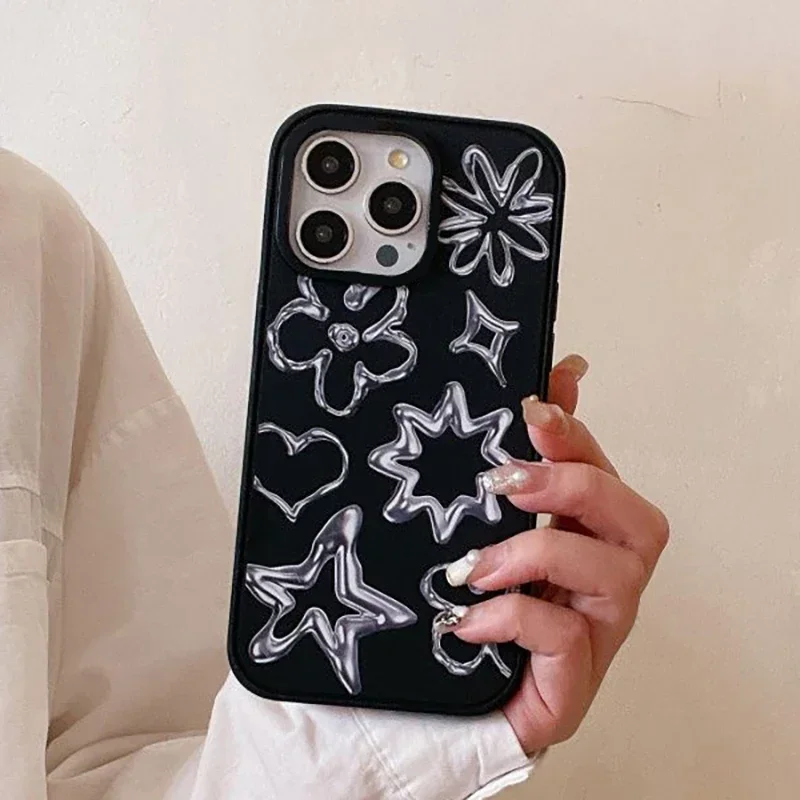 Magnetisk sort frostet telefoncover med blomstermotiv i koreansk museumstil til iphone 13 14 15, 16 pro max: Pvc / Blå