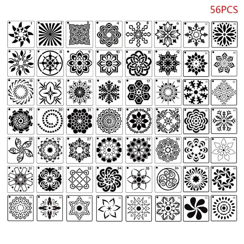 9 Stks/set Mandala Stencil Tekening Sjabloon Voor Tegel Floor Schilderen Board Diy Album Scrapbooking Decor: 56Pcs