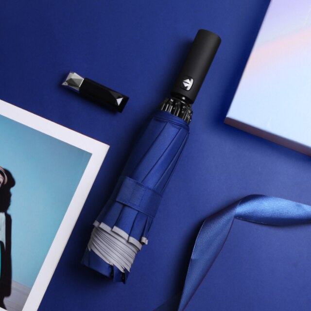 Ombrello antivento ombrello inverso automatico con striscia riflettente 3 ombrello pieghevole da pioggia per uomo: Blu