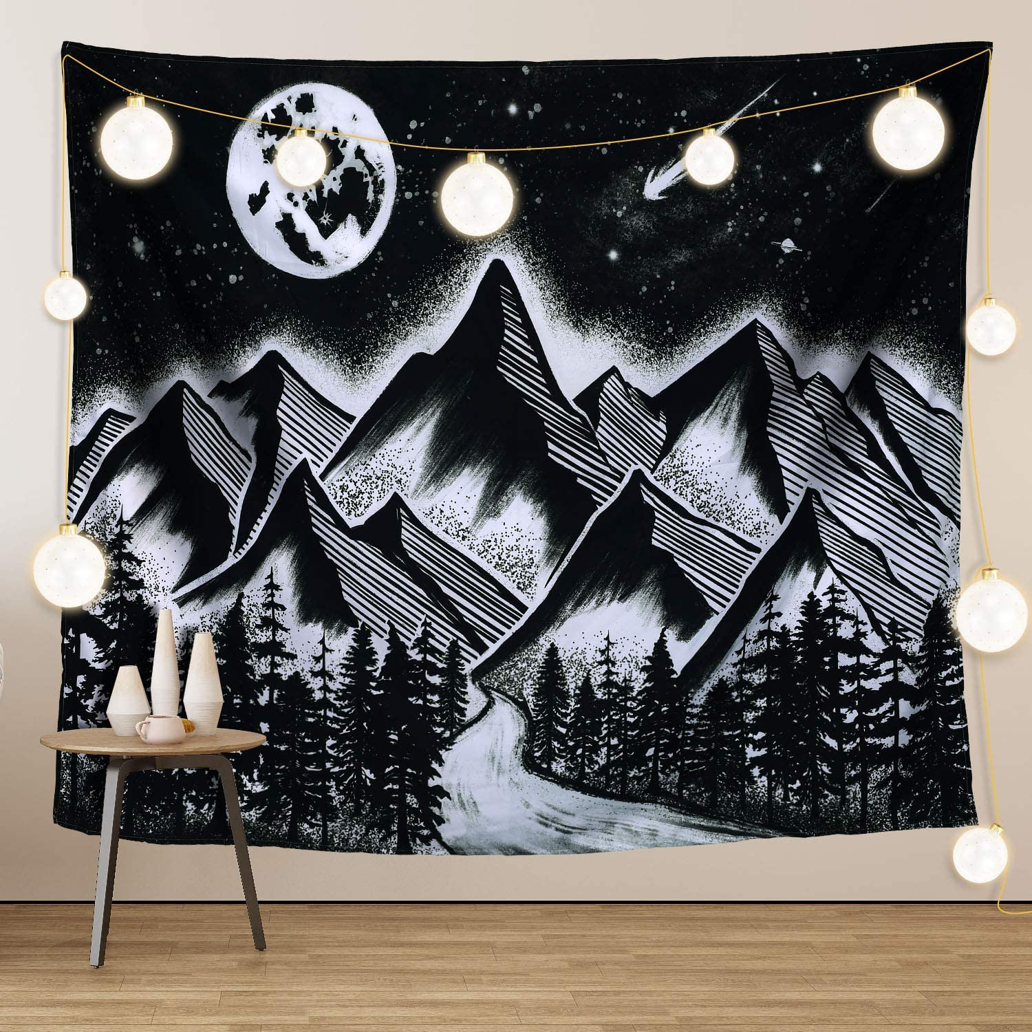 Czarny biały księżyc gwiazdy ściany wiszące Góra psychodeliczny konstelacji astrologia ozdoba ściany hipis Boho dla sypialnia salon
