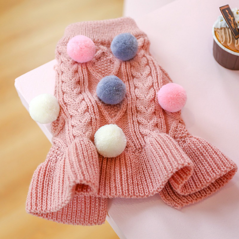 Ropa cálida para perro, suéter para mascotas, vestido de cuello alto, suéteres para cachorros, Falda de punto con pompón, ropa de invierno para mascotas pequeñas