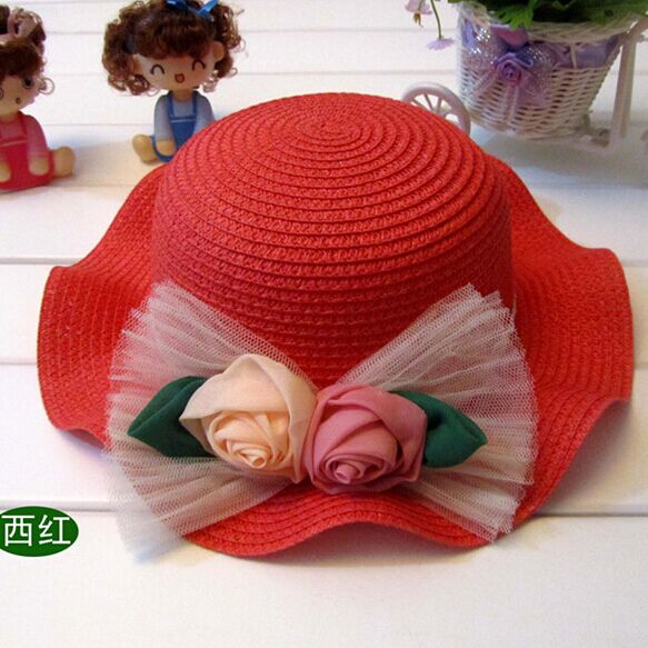 Sun Hats For Girl Summer Children Flouncy Straw Hat Two Roses Bud Silk Caps: Watermelon red