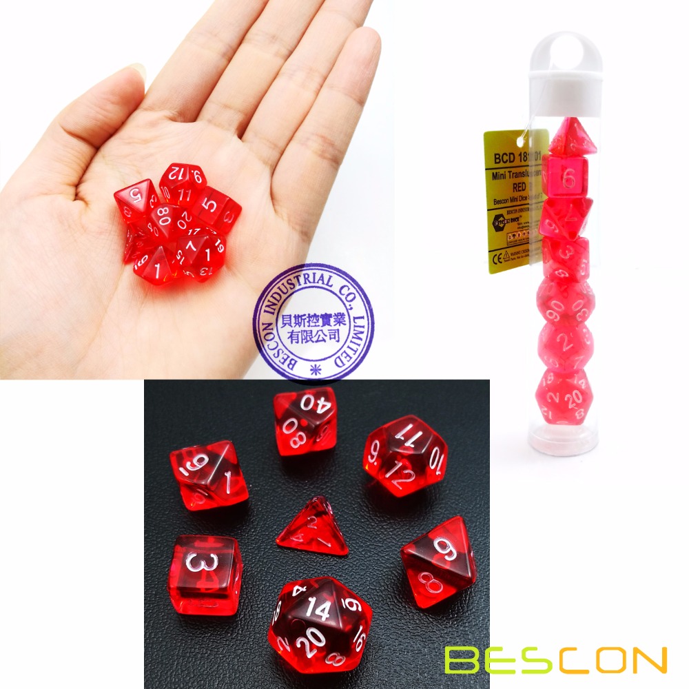 Bescon Mini Translucent Polyhedral RPG Dice Set 10MM, Small RPG Role Playing Game Dice Set D4-D20 in Tube, Transparent Red