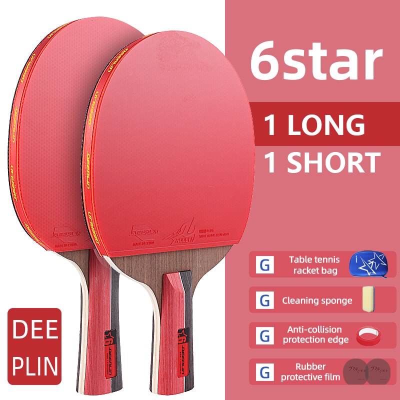 Ping Pong Rackets Short Long Handle Carbon Blade Rubber With Double Face Pimples In Tennis Table Racket With Case: 6star 1 long 1 short