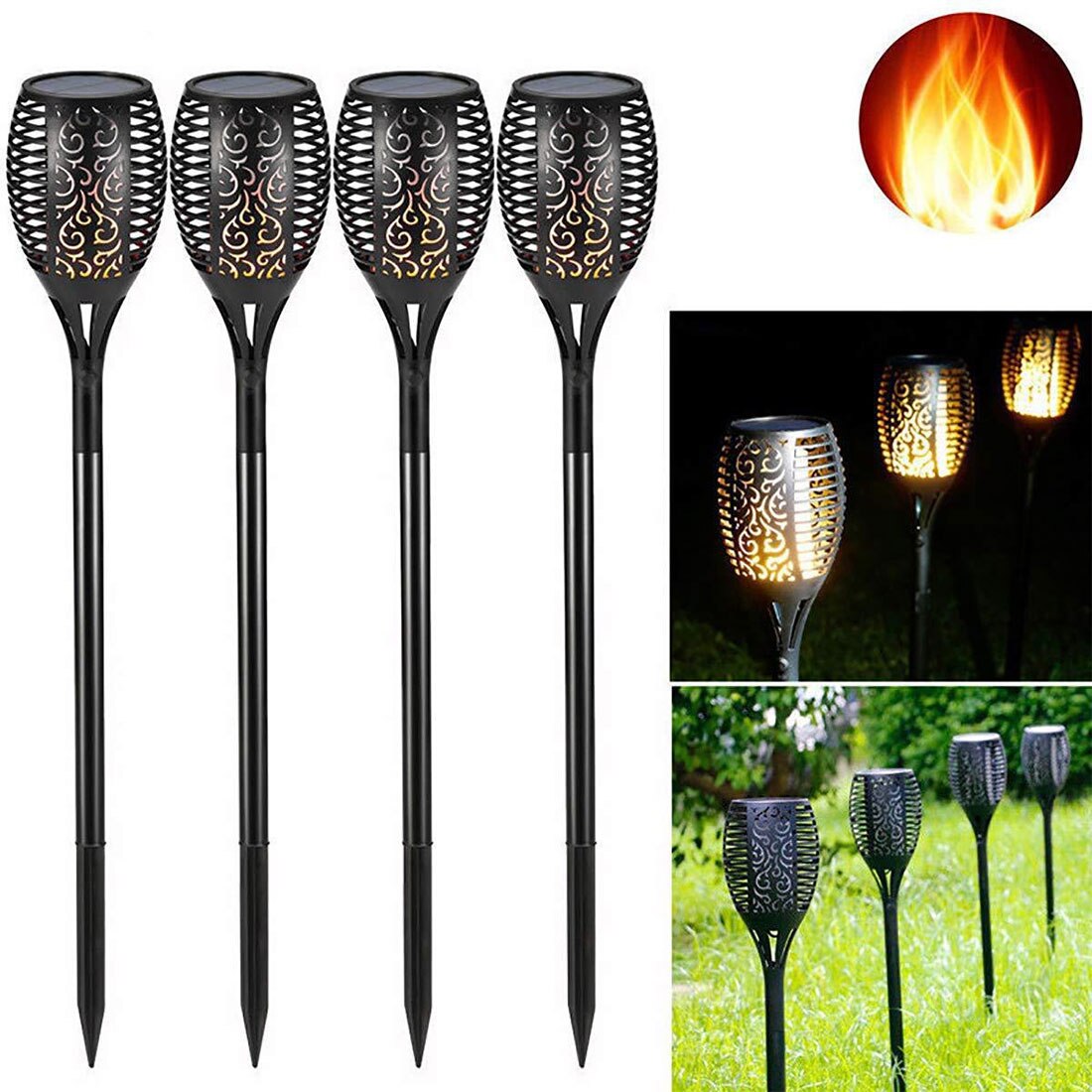 4Pcs 96 LED Solar Flame Lamp Flickering Waterproof Garden Flicker Lights Landscape Decoration Lawn Light Torch Outdoor Spotlight