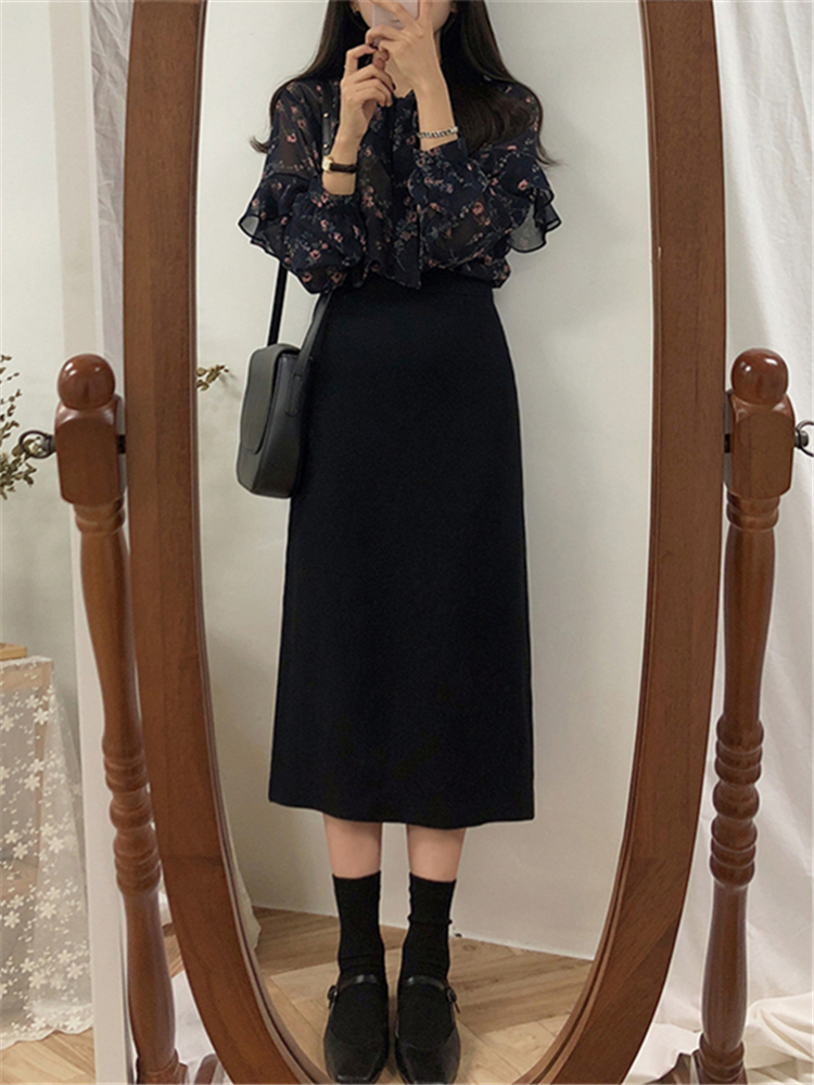Colorfaith höst vinter kvinnor kjol midi rak paket hip office lady fashionabla kvinnliga kjolar  sk6091: Svart / M
