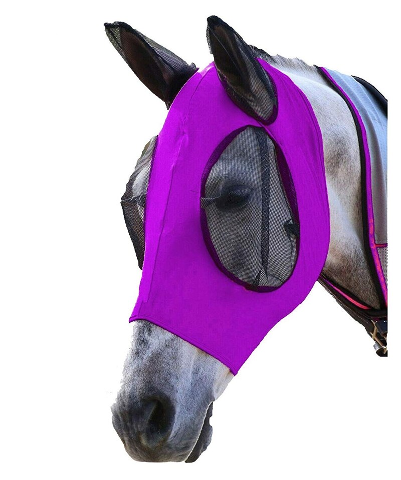Mascarilla transpirable antimosquitos para caballos, cubierta protectora elástica para la cara, con orejas, Protectores faciales, cuidado de caballos, AA: Purple