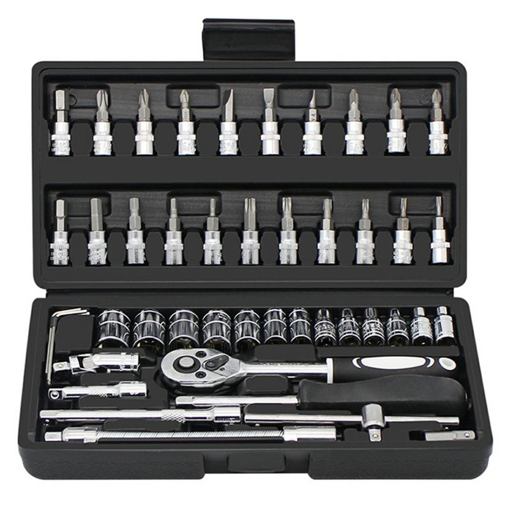 1/4 46 peça conjunto pequeno rápido catraca manga 6.3mm reparação automóvel manga conjunto de ferramentas de manutenção do automóvel ferragem preto