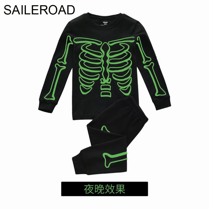 Saileroad 2-7 anos halloween noctilucence pijamas crânio para meninos outono crianças pijamas conjuntos de roupas para crianças kit