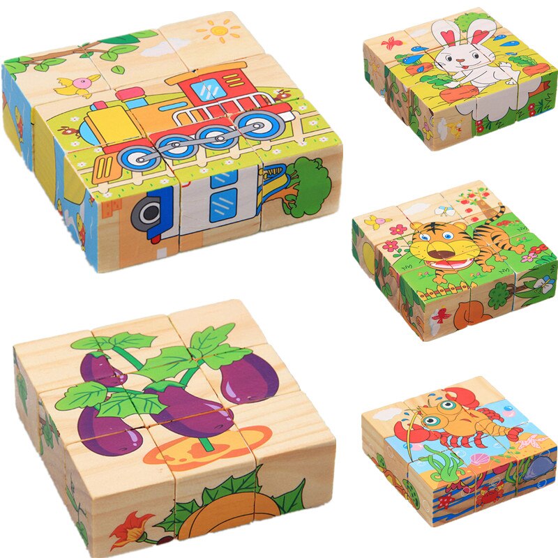 Houten Dier Puzzel Kinderen Speelgoed 6 Zijden Wijsheid Jigsaw Early Education Learning Speelgoed Tangram Kinderen Game 9Pcs Enkele 3D puzzel