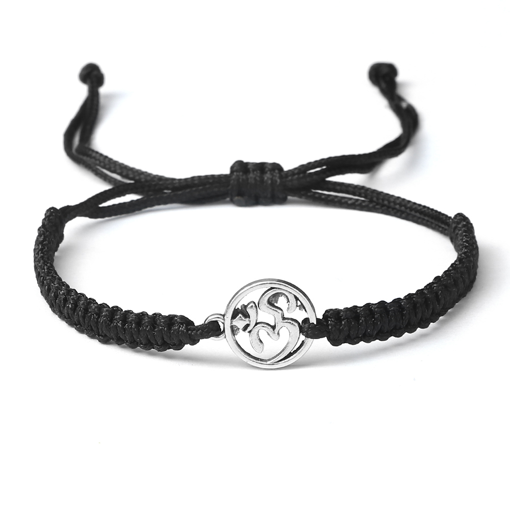 Charm OM símbolo hecho a mano cuerda trenzada ajustable rojo negro pulseras mujeres hombres joyería de de la suerte para Amiga oración: Rodio plateado