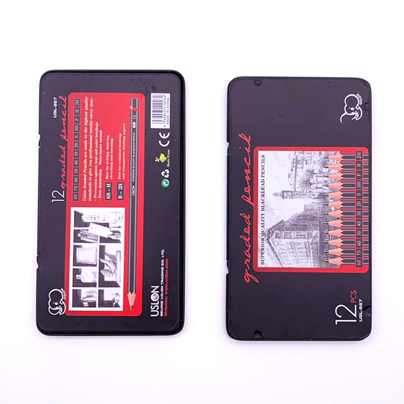 12pcs/Box USLON Pencils Set Iron Box HB H B F 2H 2B 3B 4B 5B 6B 7B 8B Wood Drawing Pencils for School Artist Sketch Pencils