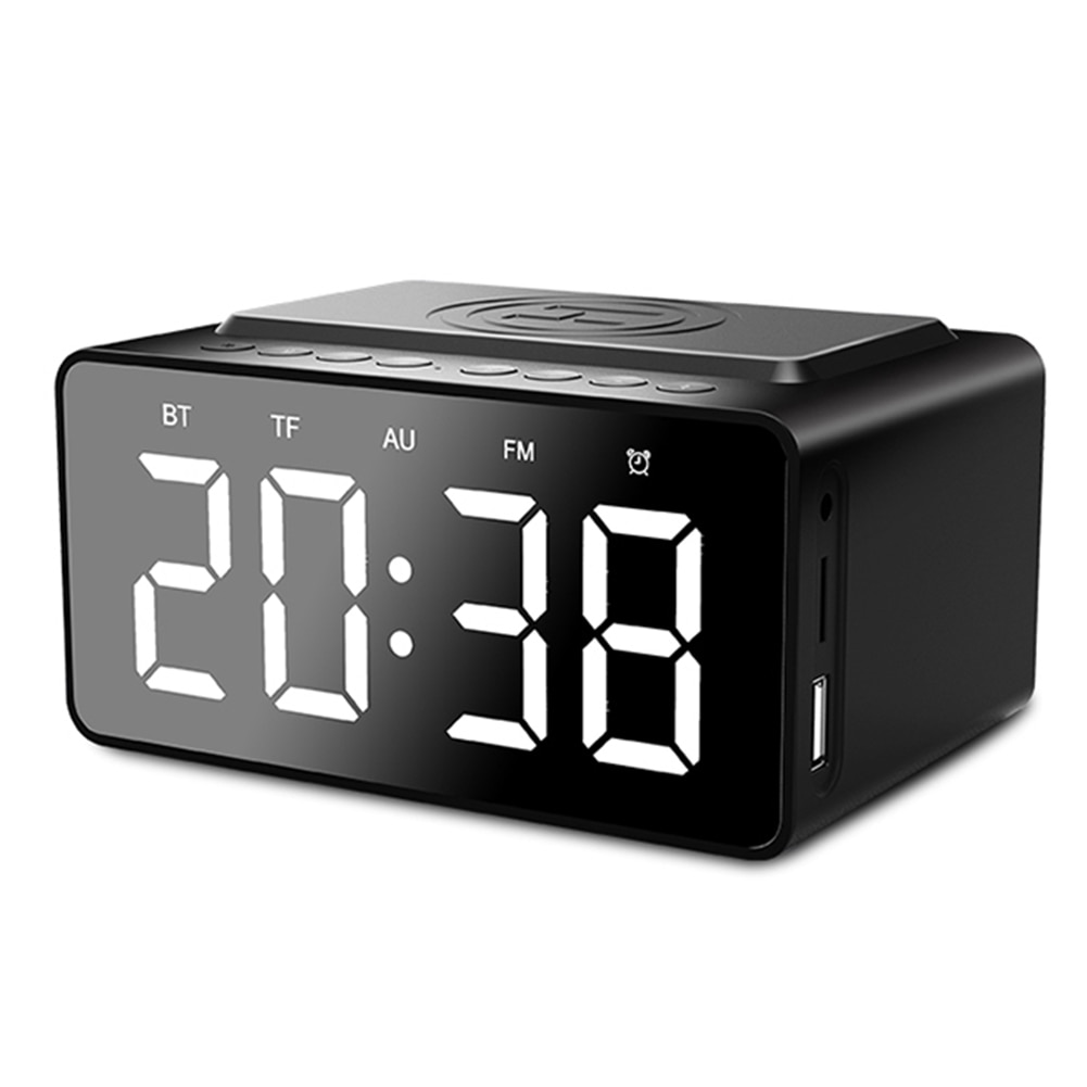 LED Display Non Ticking Wireless Charging Stereo Bedroom Multifunctional AUX Input Digital Alarm Clock Desktop Bluetooth Speaker