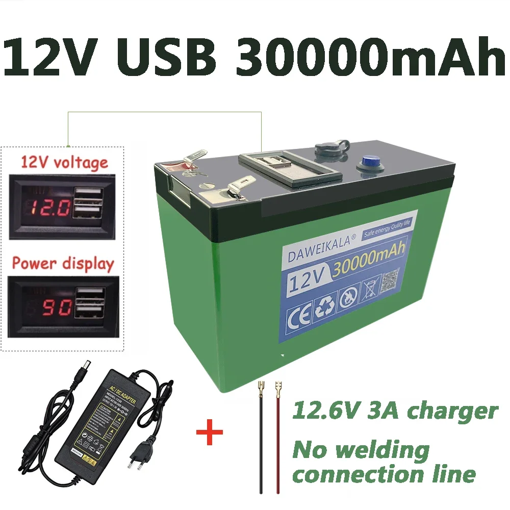 12V lithium Battery 30Ah 18650 Rechargeable battery pack for solar energy camping LED lights battery 12.6v 3A charger