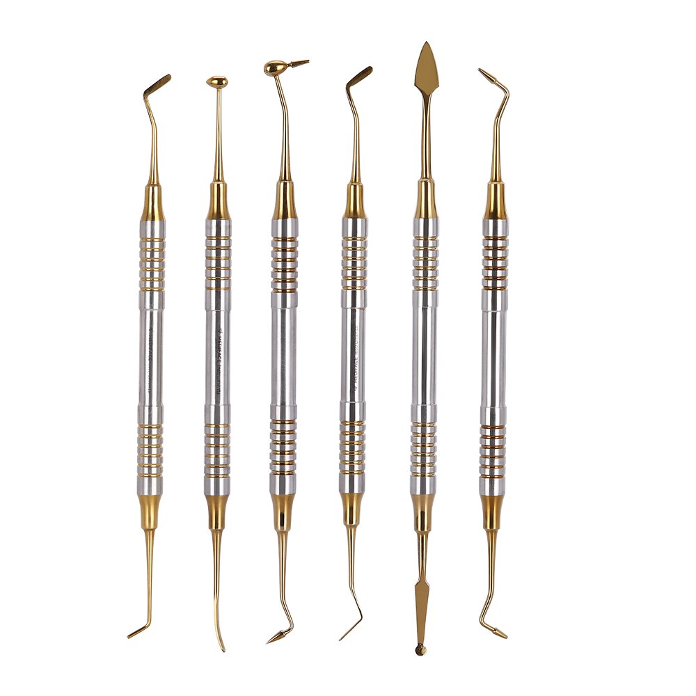 6Pcs Dental instrument Composite Resin Filling Spatula Titanium Plated Head Filler Thick Handle Restoration Set Dental tool set: Gold