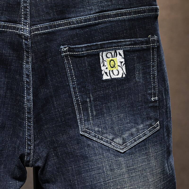 Jean déchiré bleu foncé pour hommes, style Hip Hop, élastique, coupe ajustée, Streetwear, pantalon détruit, vêtements Patch