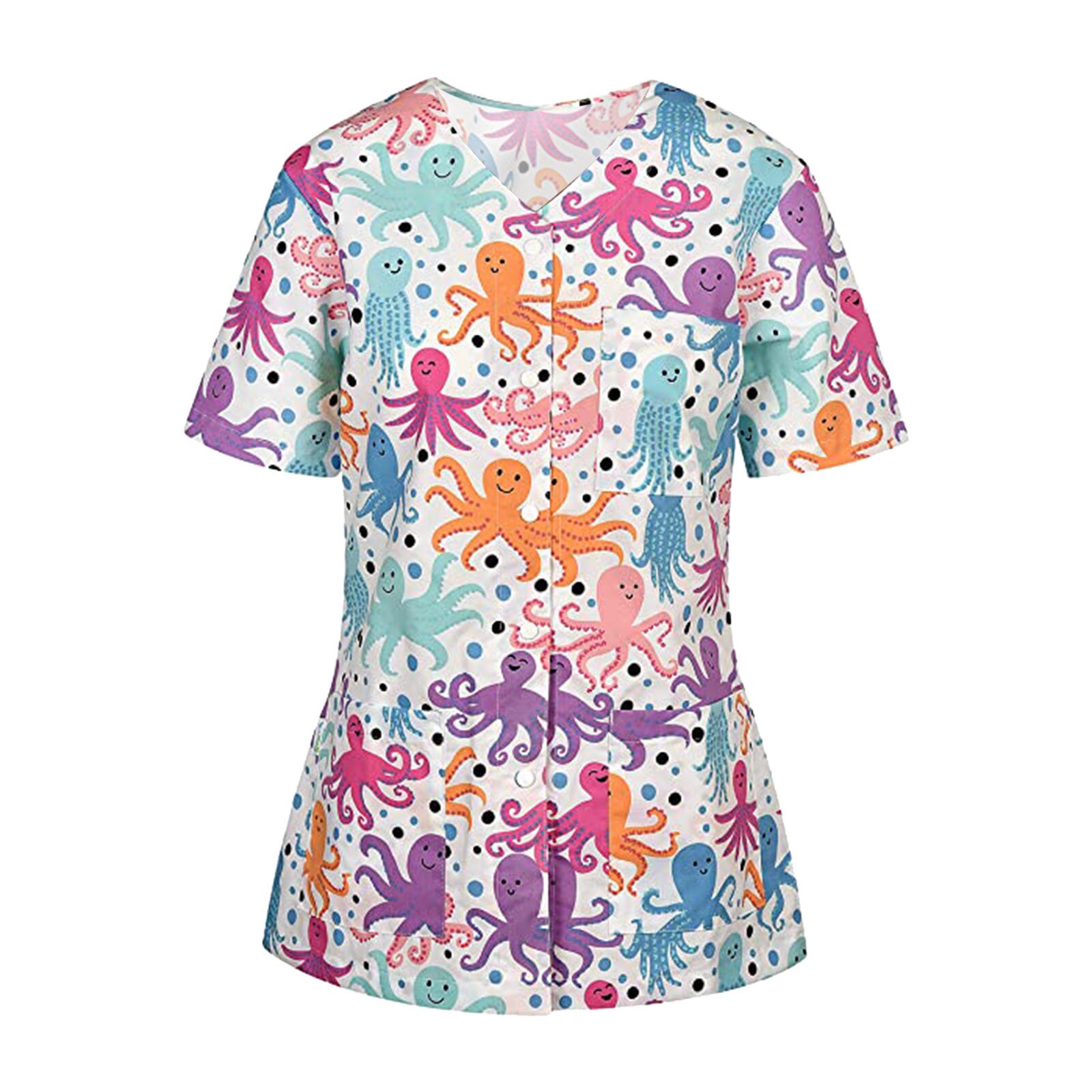 women's uniform hairdresser Short Sleeve V-neck Tops Working Uniform Cartoon Print Blouse all for cosmetologists nurse N50: B / M