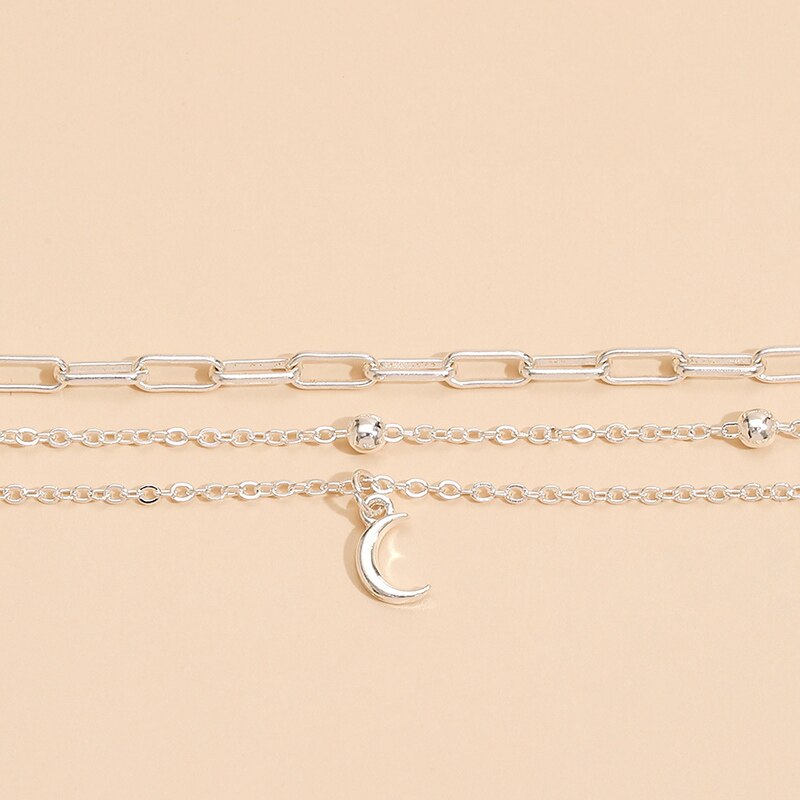 Multi-layer Bracele Silver Metal Chain Moon Pendant Anklet Sandals Barefoot Beach Foot Bridal Jewelry J015