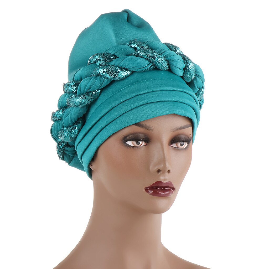Couvre-chef africain en paillettes pour femmes, Turban, Bonnet musulman, prêt à porter, Hijab, chapeau de mariage: lake blue