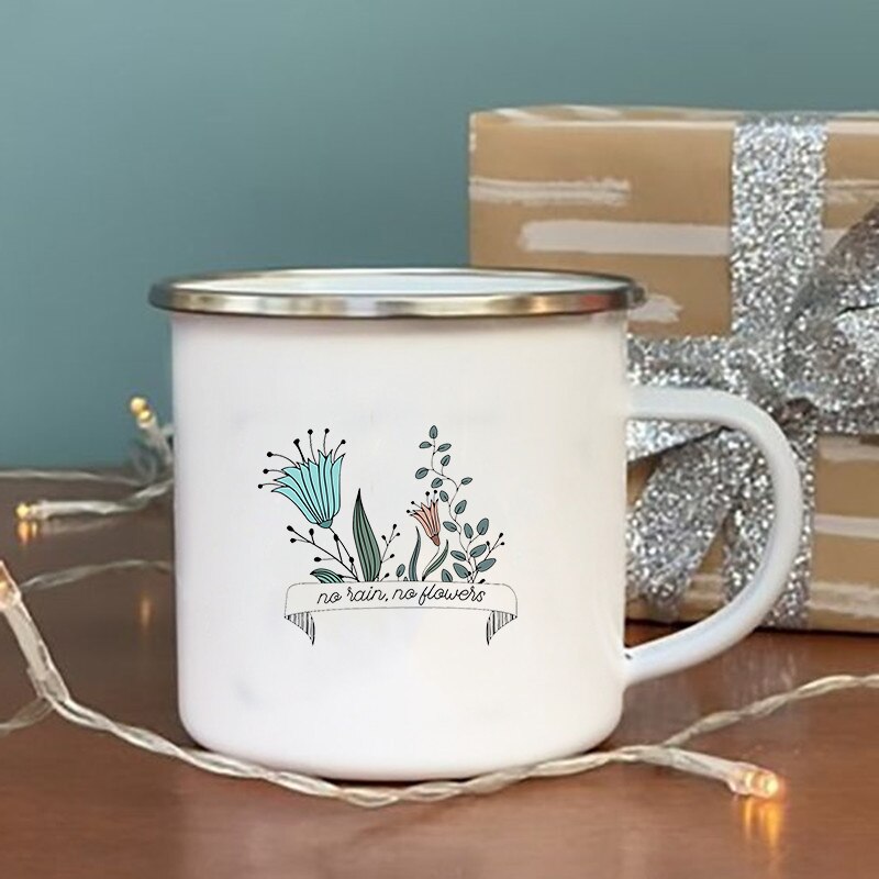 Ingen regn ingen blomst print emalje krus vintage kaffe vin kopp drikke dessert melk kopp camping krus håndtak drinkware: Xh1012-a015wh-8