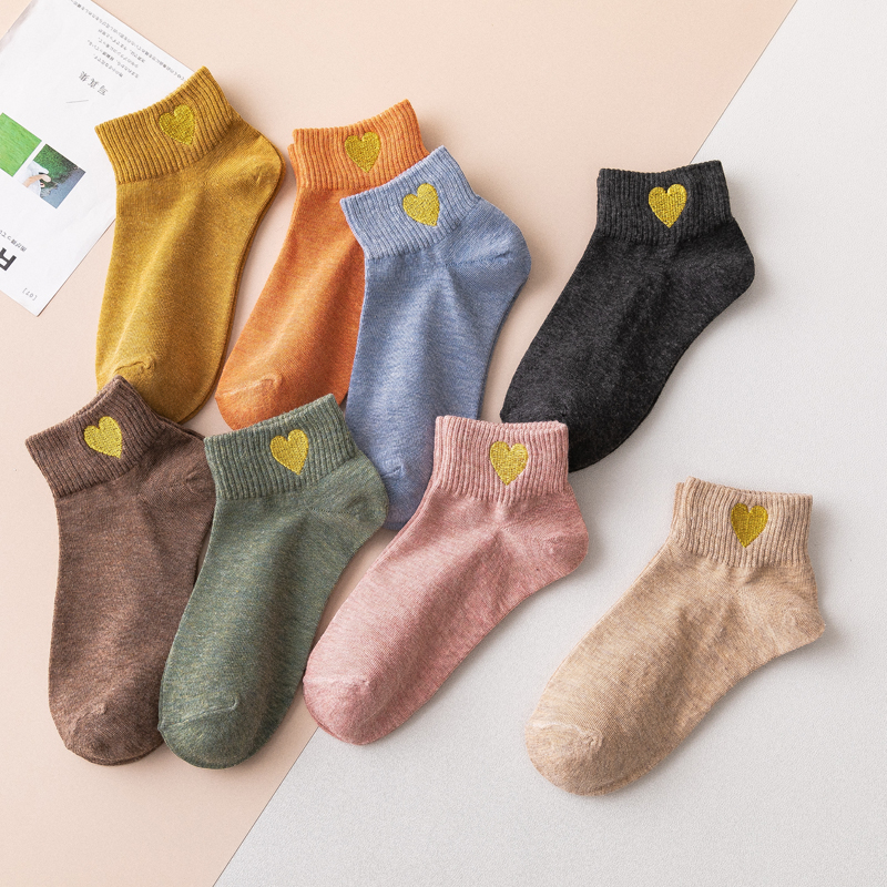 1 Pair Harajuku Cute Candy Color Sports Casual Socks Happy Funny Heart Ankle Socks Embroidery Ladies Cotton Soild Slippers