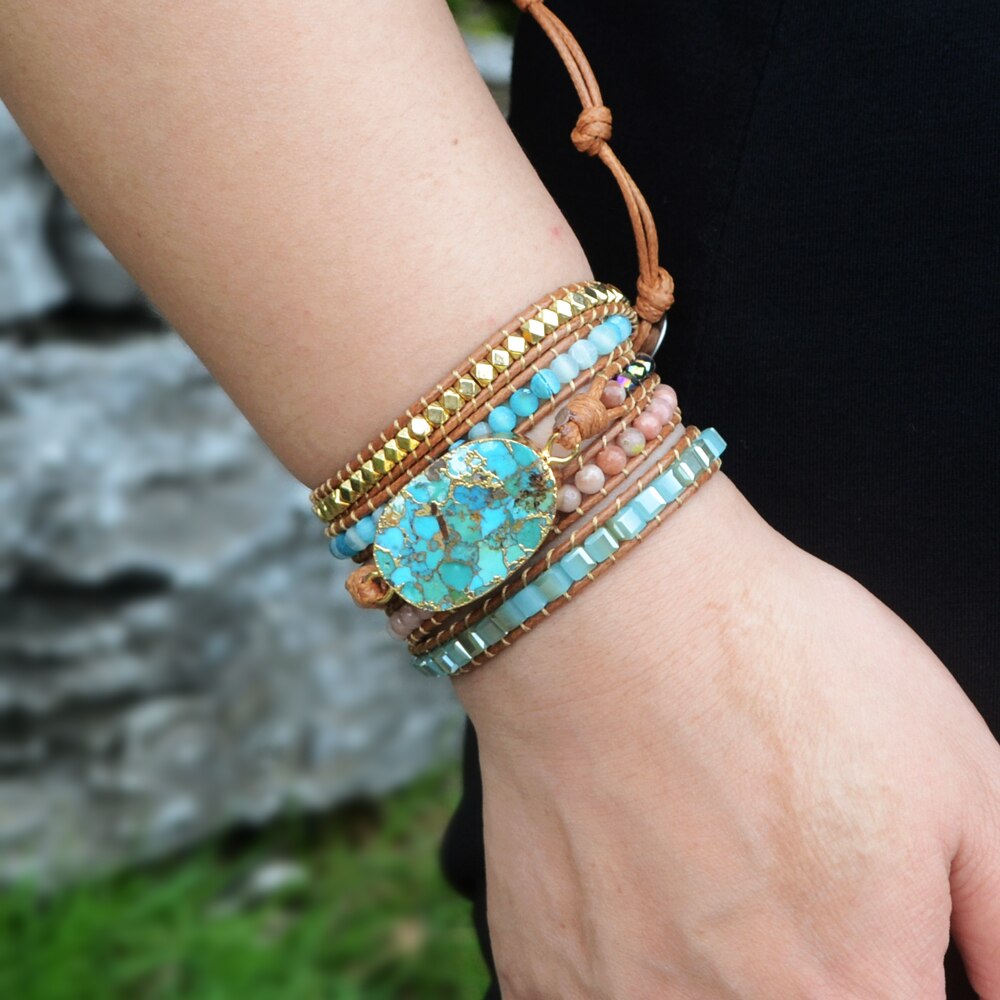 Unieke Gemengde Vergulde Stenen Charm 5 Strengen Wrap Armbanden Handgemaakte Turkoois Boho Armband Vrouwen Lederen Armband