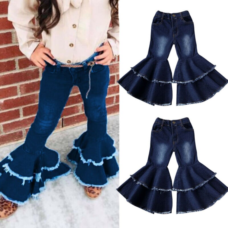 Fall Autumn 2-7Y Toddler Baby Girls Double Flared Denim Long Pants Pockets Bell-Bottoms Jeans Trousers Wide Leg Outfit