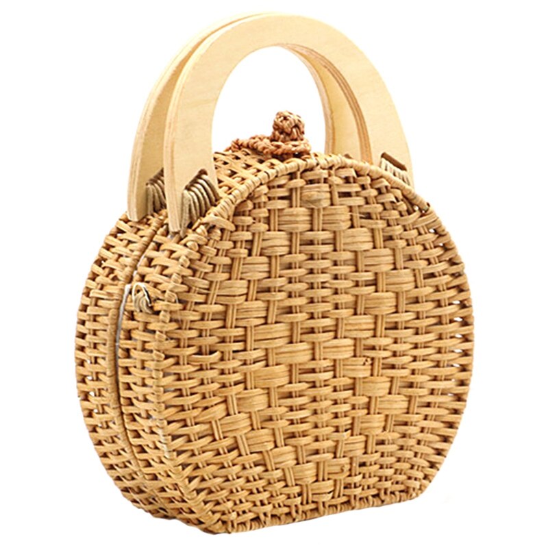 Bolso de ratán tejido con asa de madera a la para mujer, bolso de paja , bandolera de hombro (camello): Default Title