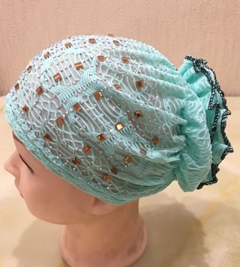H021 chapeaux musulmans de avec strass, écharpe islamique avec fleur au dos, hijab: mint green