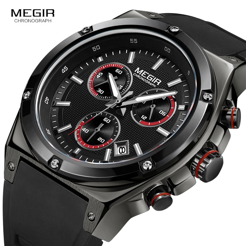 Megir Mannen Zwarte Siliconen Sport Quartz Horloges Lichtgevende Relojios Relojes Waterdicht Chronograaf Klok Montres Q2073G-BK-1