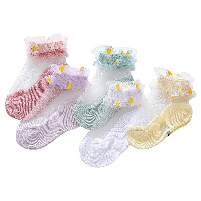 5 Pairs/Lot Summer Girls Socks Lovely Dot Crystal Silk Kids Socking Children Baby Girl Mesh Breathable Elastic Lace Sock