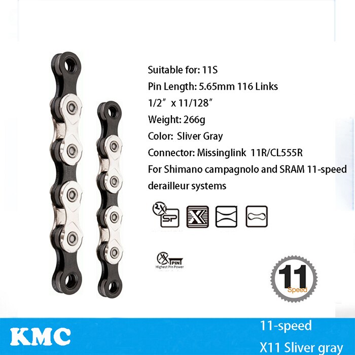 KMC Bicycle Chain X8 X9 X9sl X10 X10sl X11SL X12 Bike Chain For Shimano/SRAM 8 9 10 11 12 speed 116L MTB Road Cycing Chains part: X11 silver black