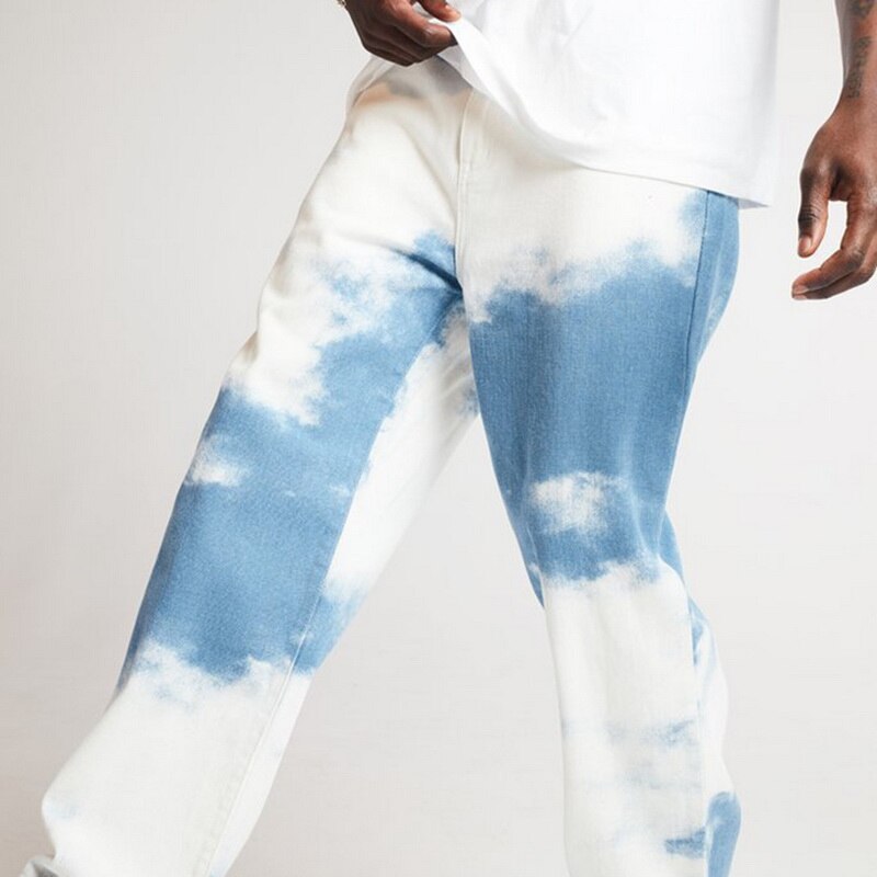 Men Casual Loose Straight Denim Pants Tie Dye Print Sky Blue Long Trouser Straight Jeans Button Fly Full Length High Cn(origin)