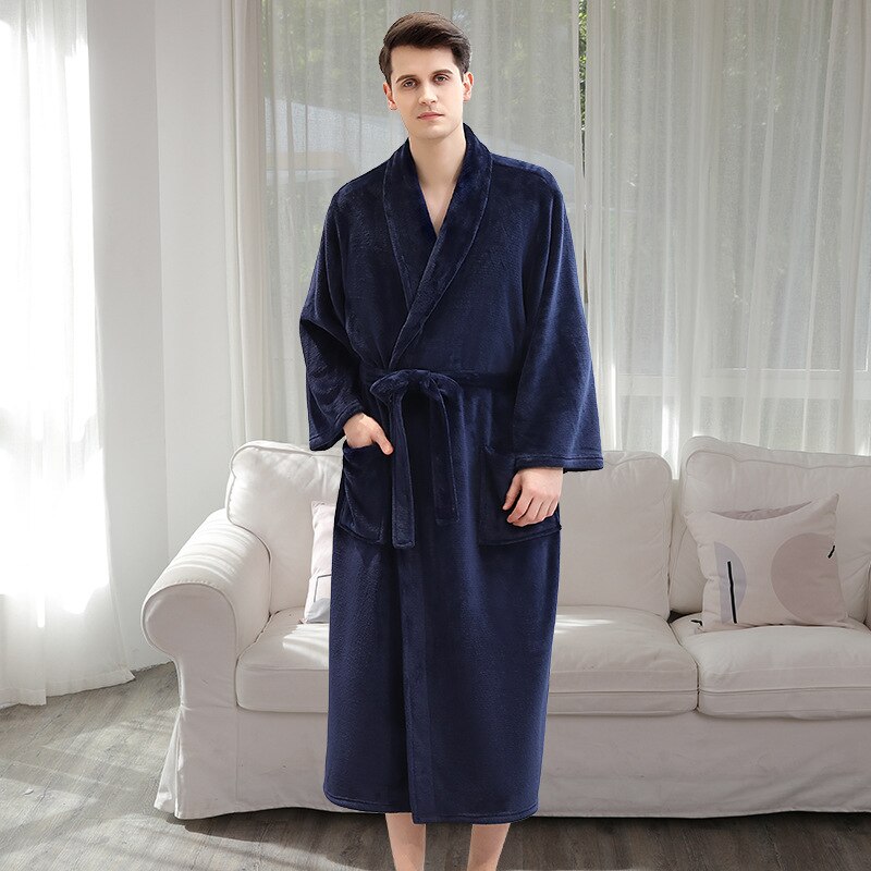 albornoz hombre kimono hombre Los de invierno Albornoz ropa de dormir pareja de franela gruesa de terciopelo traje de baño homewear con cinturón: Navy / XL