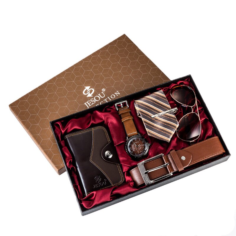JESOU, conjunto de Relojes Retro para hombre, reloj de pulsera, gafas de sol con cinturón, billetera plegable, corbata, caja de , conjuntos para el Día del Padre y el padre de los hombres: Brown Set