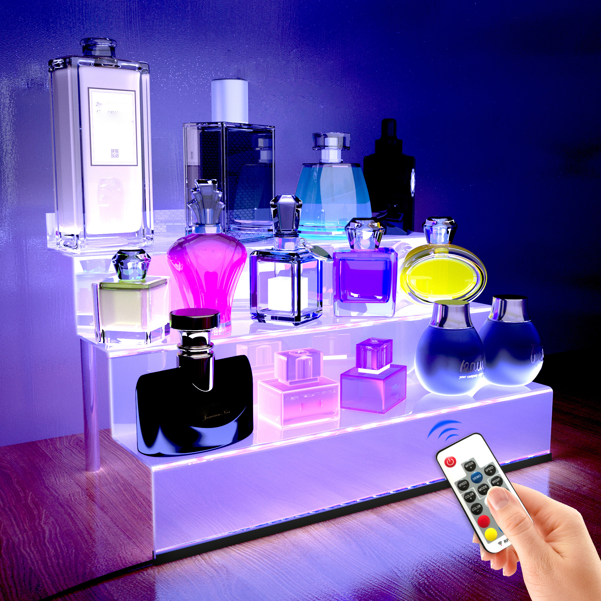 Estante de exhibición acrílico con luces LED, estante de Perfume para esmalte de uñas de 3 niveles y estante de escalera de exhibición, soporte para figuras, aumento de magdalenas transparente: Default Title