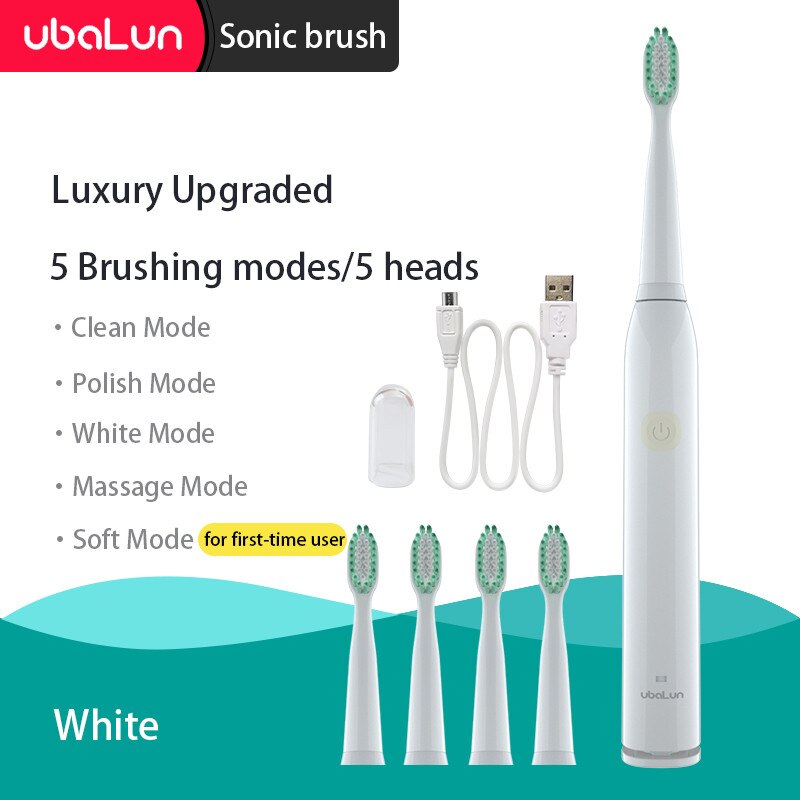 Sonic Toothbrush Vibrator Electric Toothbrushes Oral Care Adult Children Electric Toothbrush Ultrasonic Tooth Brush: 5 modes 5 head White