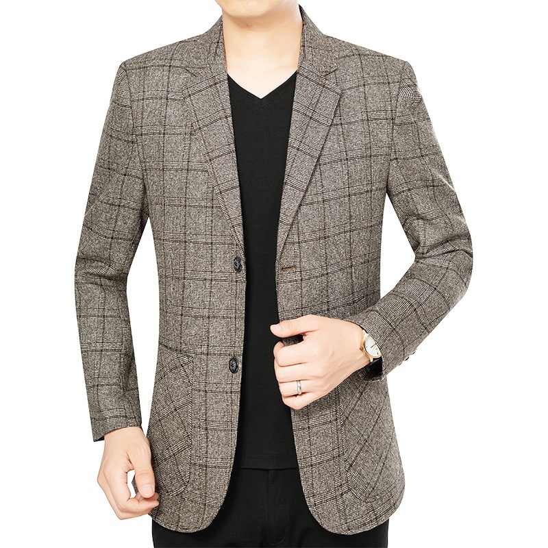 Herren Anzugjacke Vintage Kariert Umlegekragen Einreihig Männliche Oberbekleidung Business Casual Langarm mit Taschen Herren Blazer: XXL / Khaki