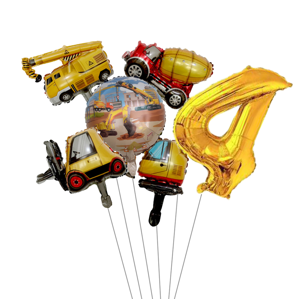 6pcs Mini Carton Vehicle Balloon with 32inch Gold Number Balloon Set for Boy's Construction Themed Birthday Party Decorations: iridescent