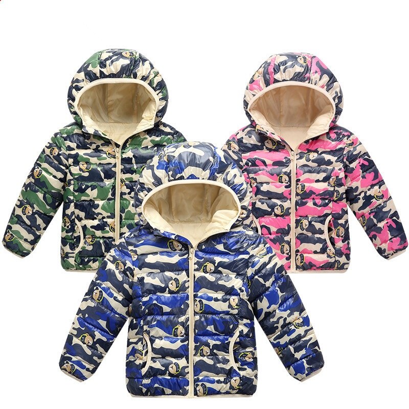 Veste en duvet de coton pour enfants, automne et hiver, manteau à capuche fin de Camouflage pour garçons et filles, vêtements d'extérieur Ultra légers avec fermeture éclair