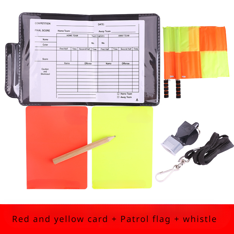Jeu de cartes d'arbitre de football, drapeau de patrouille d'arbitre, carte rouge et jaune avec crayon, carte d'avertissement de football et cueilleur de bord