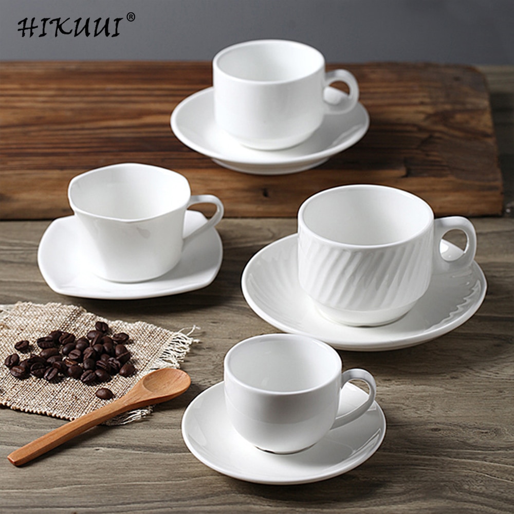 Juego de tazas de café de porcelana blanca con platillo, taza de café y té de cerámica, taza de café y platillo