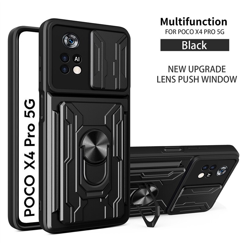 Voor Xiaomi Poco X4 Pro 5G Case Magnetische Ring Houder Armor Cases Voor Pocophone X4Pro PocoX4 Pro Poko X 4 Pro Card Slot Back Cover: Black