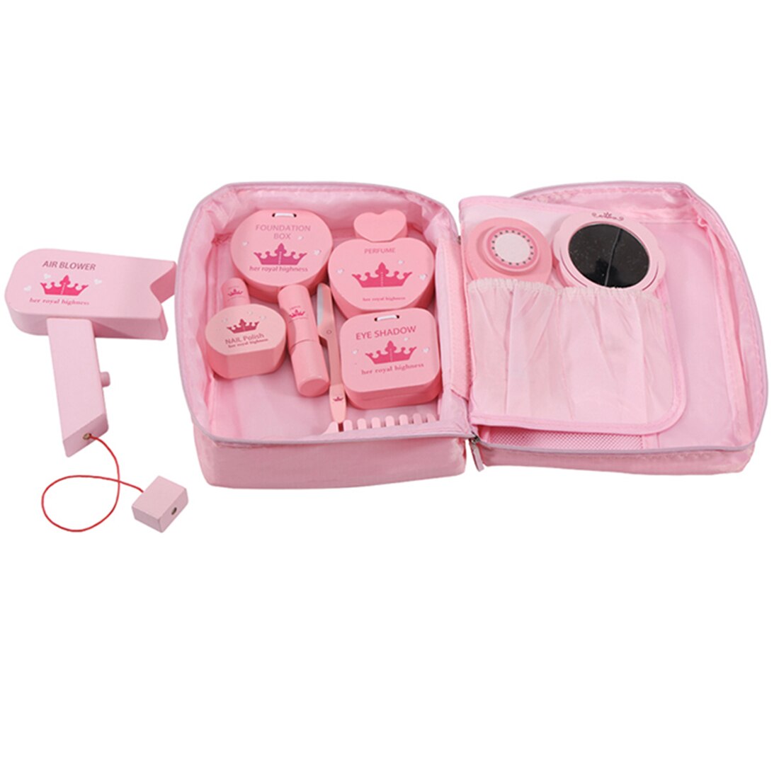 11Pcs/set Children Wooden Make Up Pretend Play Simulation Cosmetic Bag Beauty Toy For Girls - Pink